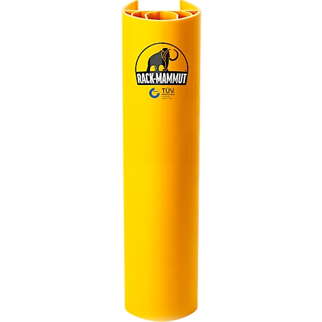 Geel, cilindrisch object met "Rack-Mammut" logo.