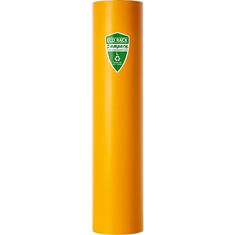 Gelber, zylindrischer Mülleimer mit grünem Eco Rack-Logo. Das Logo enthält Text und ein Recycling-Symbol.
