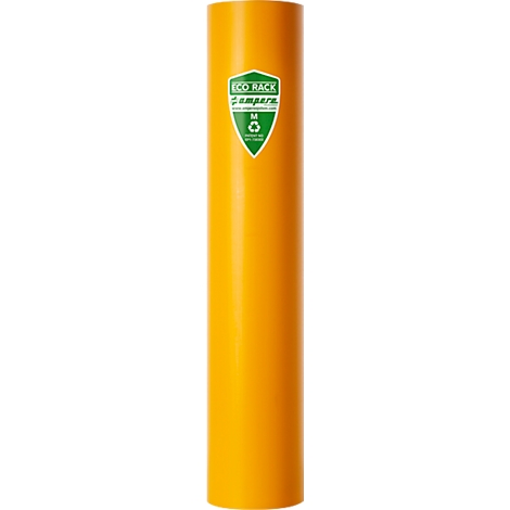 Gelber Recyclingbehälter mit Logo. Auf dem Schild steht "ECO RACK", ein grünes Abzeichen und das "M"-Zeichen für Recycling.