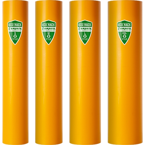Vier oranje cilindrische containers. Labels tonen "ECO RACK" en groote indicaties zoals S, M, L, XXL.