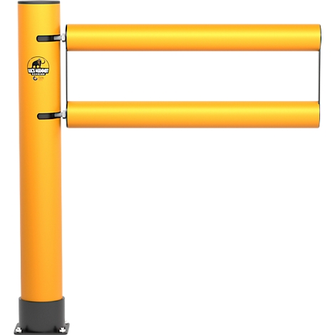 Gelbe Absperrung mit zwei horizontalen Stangen an einem Pfosten. Auf dem Pfosten ist ein Logo abgebildet.
