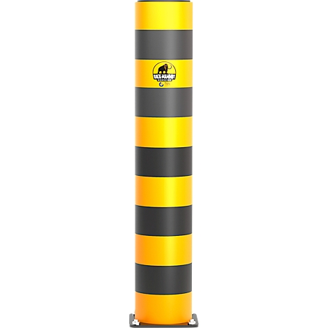 Cilindrische paal, geel en zwart gestreept, met logo.