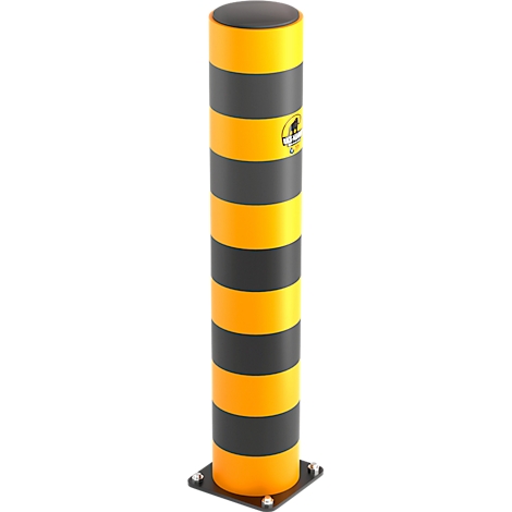Geel-zwarte paal met ronde kap en vierkante voet. De paal is gestreept met geel en zwart.