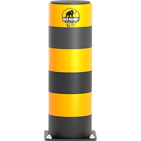 Geel en zwarte cilindrische bolder met "Black-Mammut" label met logo. Verdeeld in gele en zwarte strepen.