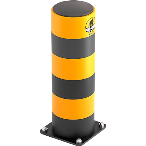 Cilindrische paal met zwart-gele strepen, zwart deksel en vierkante voet.