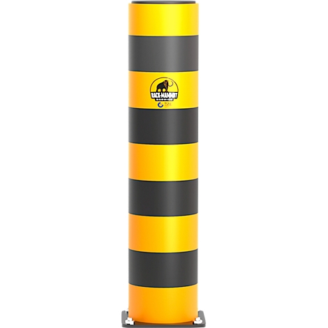 Cilindrische paal, geel en zwart gestreept, met bedrijfslogo.
