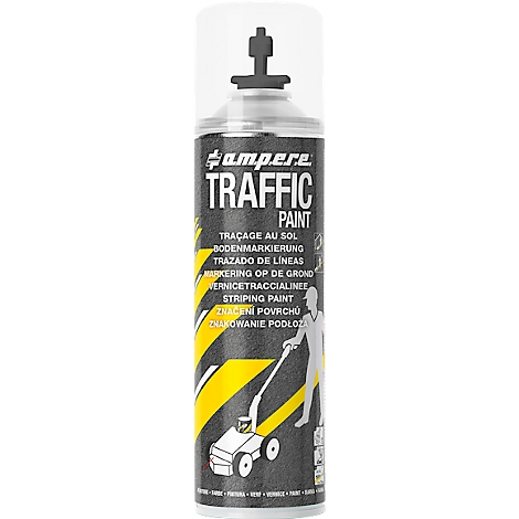 A spray can with the words "Traffic Paint". The can shows an illustration of how the product is used.