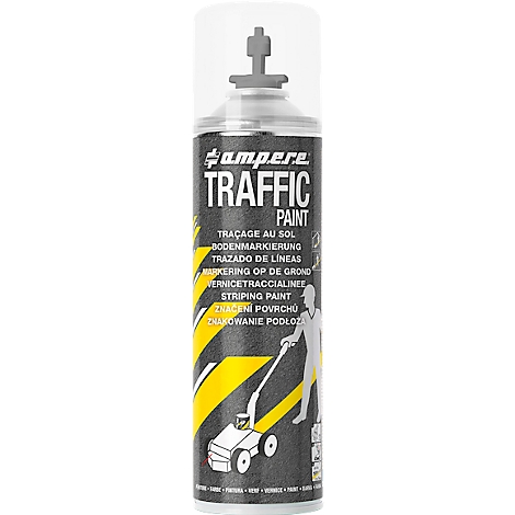 Gray spray can with the text TRAFFIC PAINT. Printed in multiple languages. Illustration: man with marking cart.