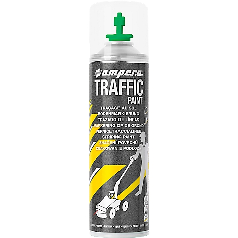 Spray can with "Traffic Paint" imprint, illustration of a road marking and a person with a marking device.