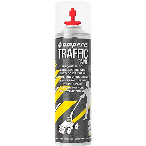 Spray can with red spray nozzle, label "Traffic Paint" in multiple languages. Print shows person with road marking equipment.