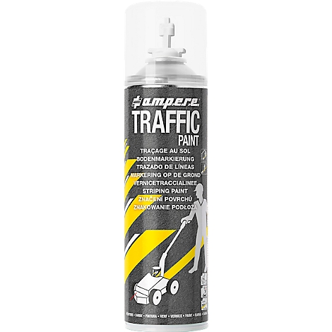 Gray spray can with "TRAFFIC PAINT" on it, yellow stripes, text: marking on the ground.