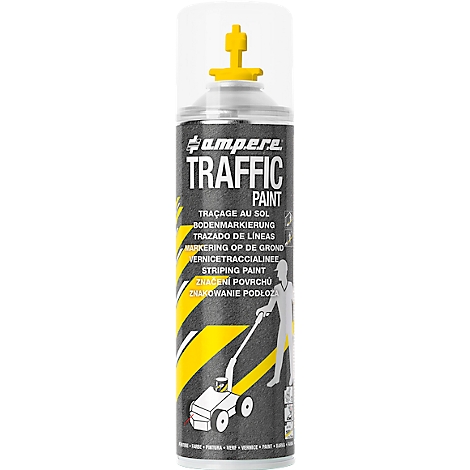 Spray paint can with yellow spray head and product name. Print: "TRAFFIC PAINT". Illustration of a marking machine.