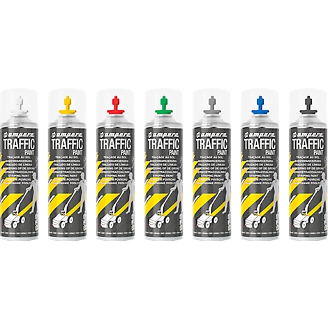 Six spray cans with coloured lids. Printed is the lettering "TRAFFIC PAINT" and a drawing of a man with a machine.