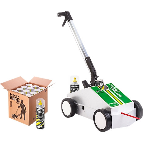 A road marking machine with green lettering and spray cans. A box with cans is next to it.