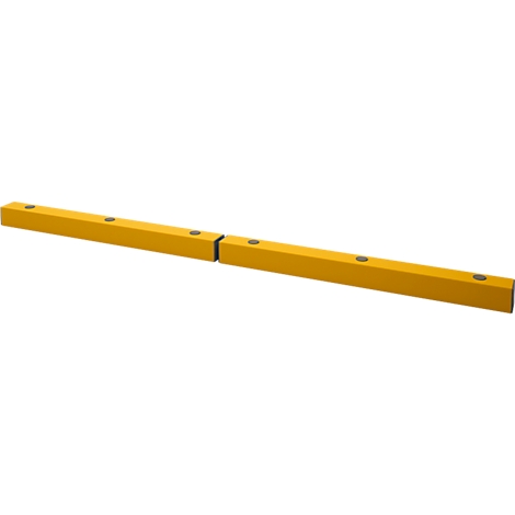 Geel rechthoekig object met donkere schroeven. Het object is in twee delen verdeeld.