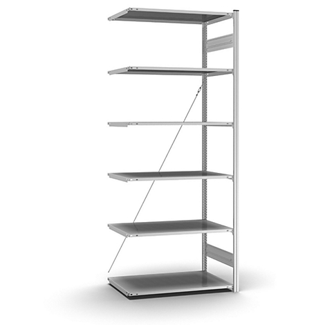 Ein silbernes Regalsystem mit sechs Ebenen vor weißem Hintergrund. Jede Ebene wird durch eine Drahtseilkonstruktion gehalten.