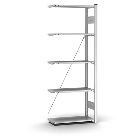 Ein silbernes Wandregal mit fünf Ebenen, an der Wand befestigt. Stabile Konstruktion mit Metallstreben und Diagonalen.