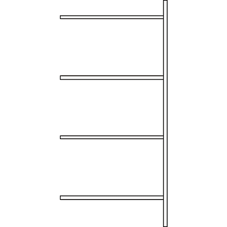 Schematische Zeichnung eines Wandregals mit vier waagerechten Ablagen an einer vertikalen Schiene.