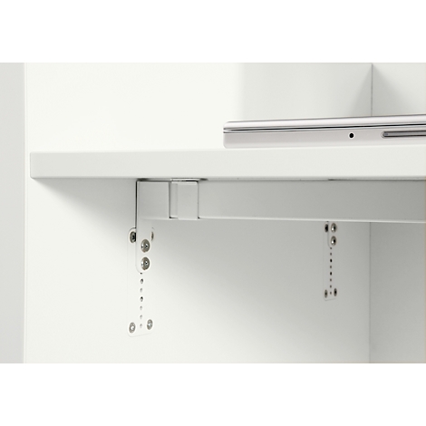 Close-up: White shelf with metal bracket, attached to the wall.