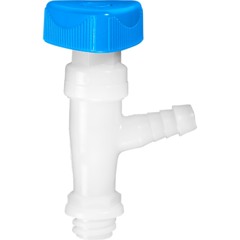A white plastic tap with a blue turning handle and a horizontal outlet.