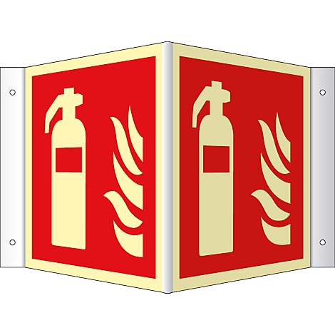 Corner sign with fire extinguisher symbol, attached to brackets.