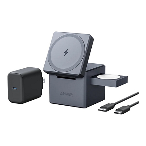 Anker 3-in-1 Ladestation in Grau mit Netzteil und USB-C-Kabel vor weißem Hintergrund.