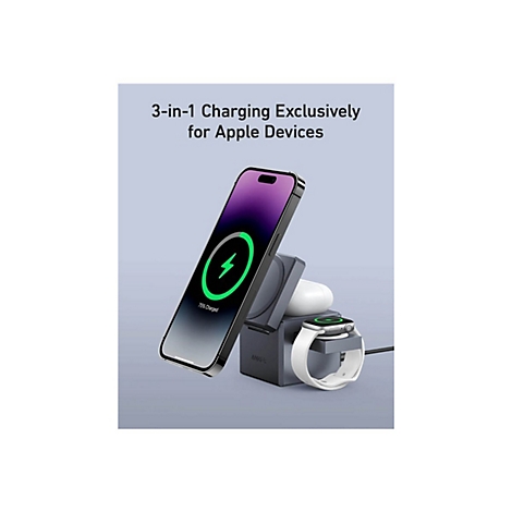 Anker 3-in-1 Ladestation für iPhone, Apple Watch und AirPods auf violettem Hintergrund.