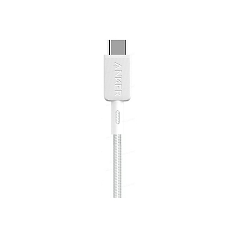 Nahaufnahme eines weißen Anker USB-C Steckers mit geflochtenem Kabel vor weißem Hintergrund.