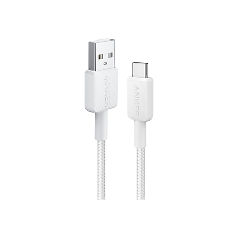 Weißes USB-A auf USB-C Kabel von Anker mit geflochtener Textilummantelung vor weißem Hintergrund.