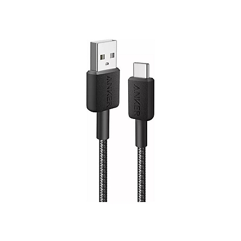 Schwarzes Anker USB-A auf USB-C Ladekabel mit geflochtener Ummantelung vor weißem Hintergrund.