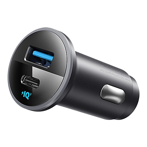 Schwarzes Anker Kfz-Ladegerät mit einem USB-A- und einem USB-C-Anschluss vor weißem Hintergrund.
