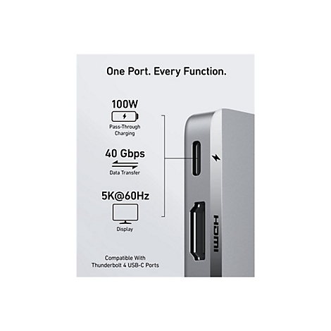 USB-C-Adapter mit 100W Laden, 40 Gbit/s Datentransfer und 5K Display-Unterstützung für Thunderbolt 4.