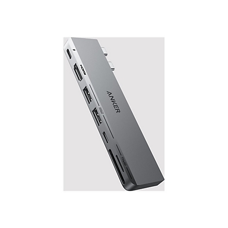 Grauer Anker USB-C Hub mit verschiedenen Anschlüssen wie HDMI, USB-A und SD-Kartenslot auf hellem Hintergrund.