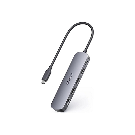 Grauer Anker USB-C Hub mit Kabel und verschiedenen Anschlüssen vor weißem Hintergrund.