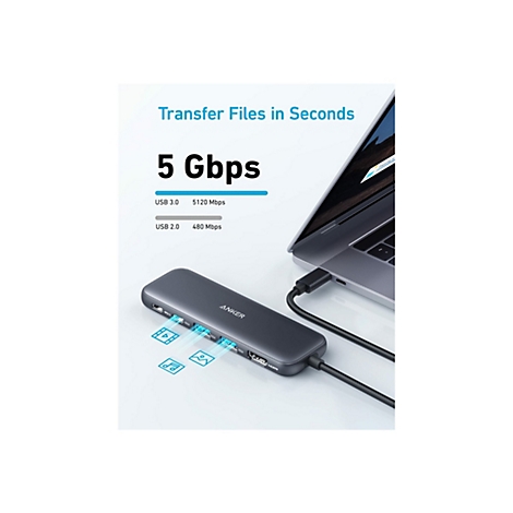 Ein dunkelgrauer Anker-Hub ist Ã¼ber ein Kabel mit einem Laptop verbunden. Auf dem Hub sind Symbole fÃ¼r DatenÃ¼bertragung zu sehen. DarÃ¼ber steht Transfer Files in Seconds.