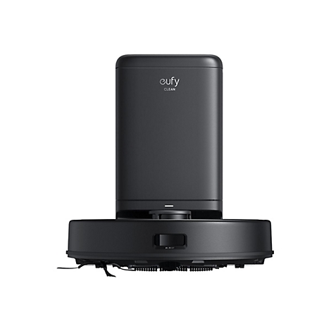 Schwarzer Saugroboter von Eufy Clean mit Ladestation vor weißem Hintergrund.