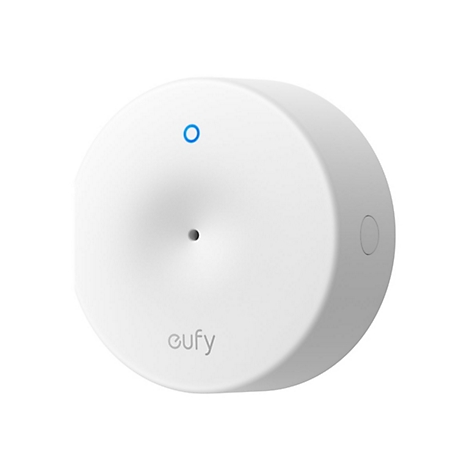Weißer, runder Eufy Smart-Sensor mit blauer Statusleuchte und Firmenlogo auf weißem Hintergrund.