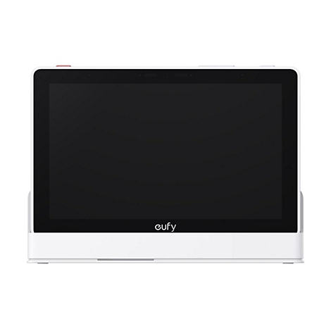 Weißer Eufy Touchscreen-Monitor in Frontansicht mit schwarzem, ausgeschaltetem Display auf einem Standfuß.