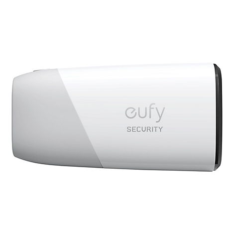 Weiße Eufy Security Kamera in zylindrischer Form mit grauem Logo auf der Seite.