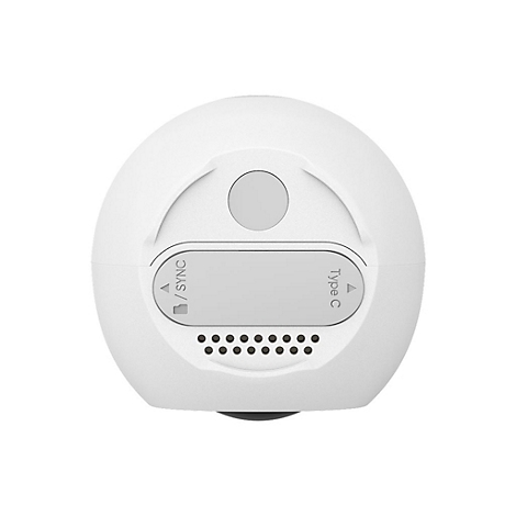 Weiße, runde Kamera-Rückseite mit einer Abdeckung für den Sync-Knopf und einen USB-C-Anschluss sowie kleinen Lüftungsschlitzen.