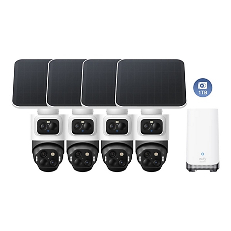 Vier Eufy-Sicherheitskameras mit Solarpanel und eine 1TB Basisstation vor weißem Hintergrund.