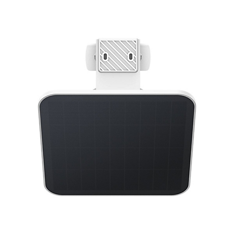 Rechteckiges schwarzes Solarpanel mit weißer Wandhalterung und diagonal gestreifter Montageplatte.