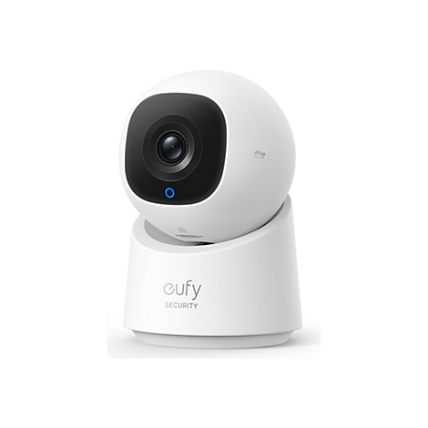 Weiße eufy Security Überwachungskamera mit rundem Gehäuse, schwarzer Linsenfront und leuchtend blauem Statuslicht.
