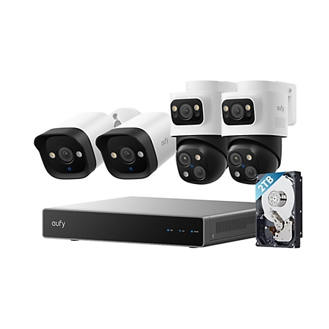 Eufy Sicherheitssystem mit vier Überwachungskameras, Basisstation und einer 2TB-Festplatte vor weißem Hintergrund.