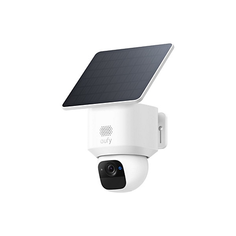 Weiße Eufy Überwachungskamera mit Solarpanel vor weißem Hintergrund.