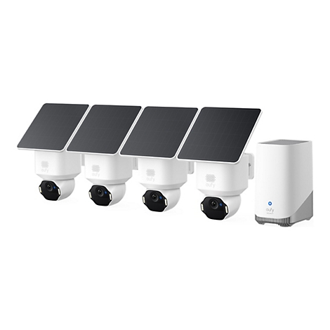 Vier weiße Eufy Überwachungskameras mit Solarpaneelen und eine Basisstation vor weißem Hintergrund.