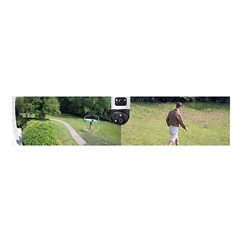 Überwachungskamera zeigt per KI-Personenerkennung einen Mann, der durch einen Garten läuft.