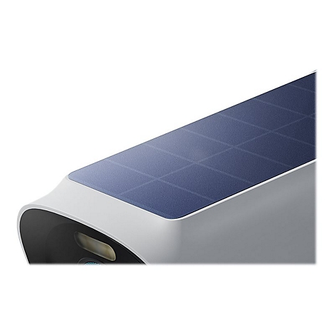 Nahaufnahme eines weißen Überwachungskameragehäuses mit integriertem blauem Solarpanel auf der Oberseite.