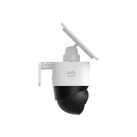 Weiße Eufy Sicherheitskamera mit montiertem Solarpanel vor neutralem Hintergrund.