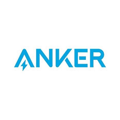 Blaues Logo der Marke Anker mit integriertem Blitzsymbol im Buchstaben A.